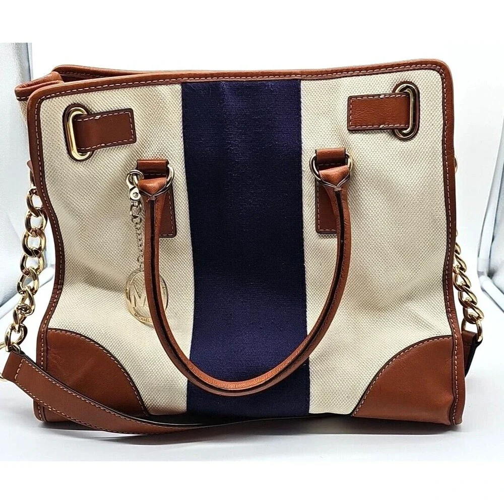 Michael Kors Hamilton Purse Tote Bag Tri-Color  Large Fabric Leather Padlock